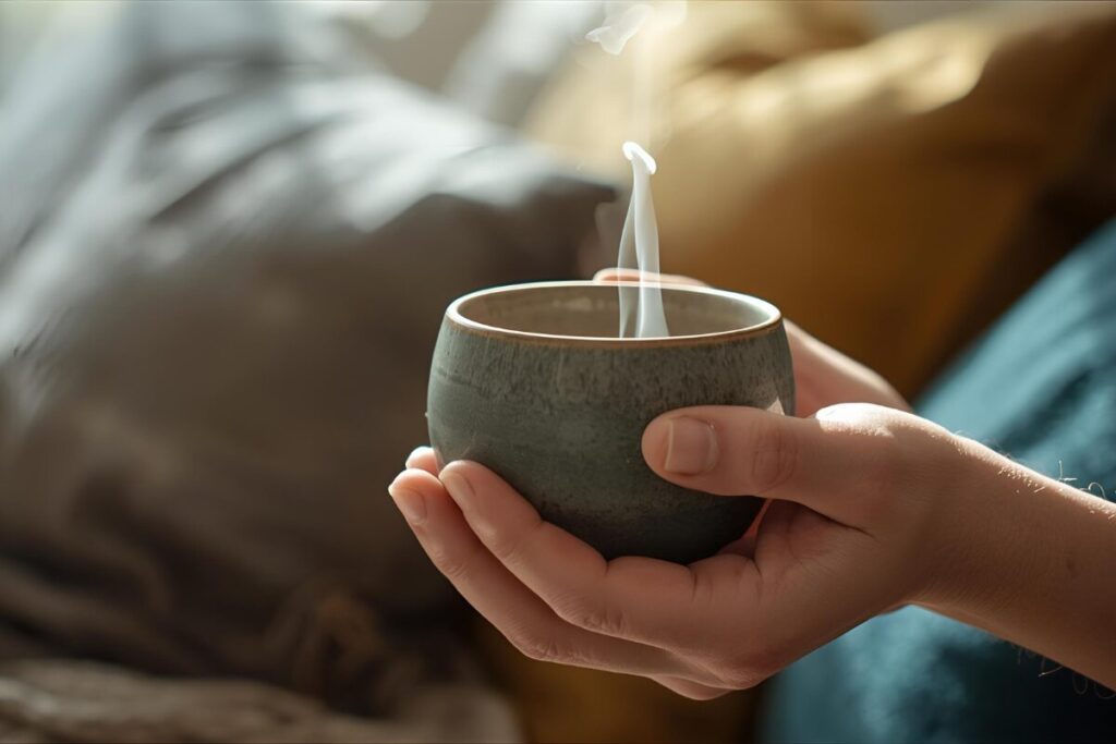A woman holding a warm cup of tea in a ceramic cup. 