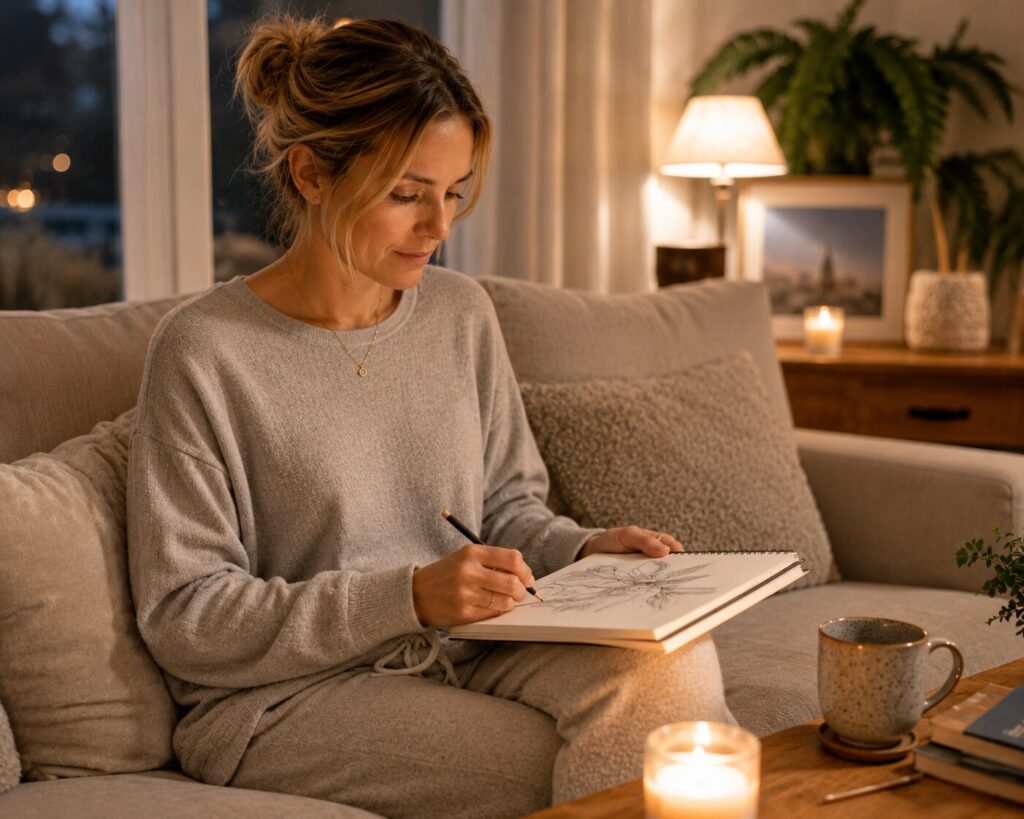 A woman winding down for the day, she is wearing a lounge set, a candle is lit