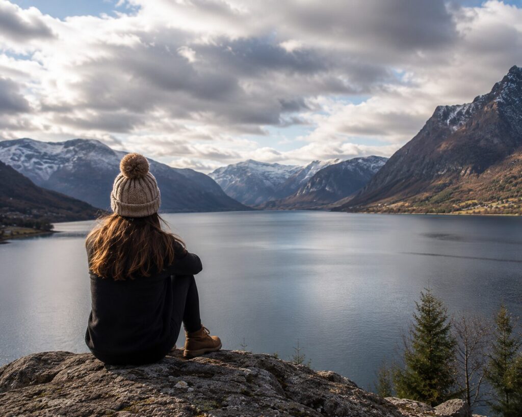 A woman sitting on a rock overlooking a lake