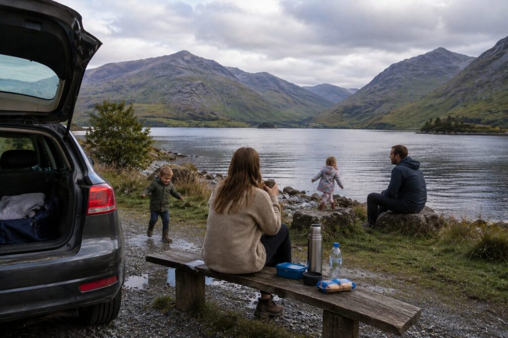 A family taking a break on a bench beside a calm Scottish loch, with two young children playing by the water's edge and a flask and snacks on the table