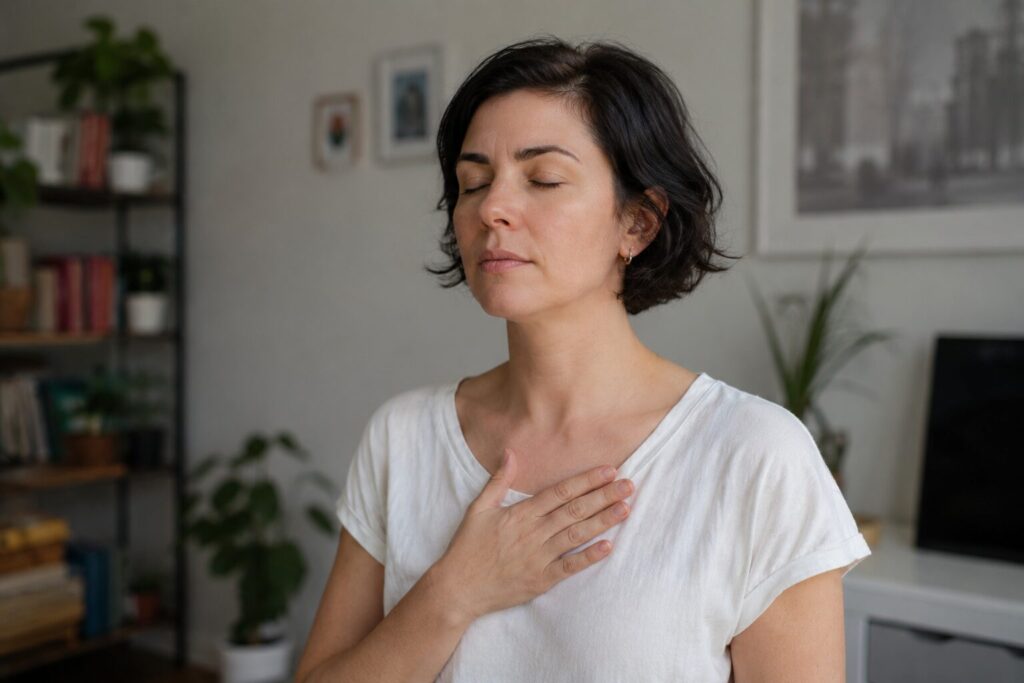 A woman standing with her eyes closed and one hand resting gently on her chest, breathing calmly in a quiet room