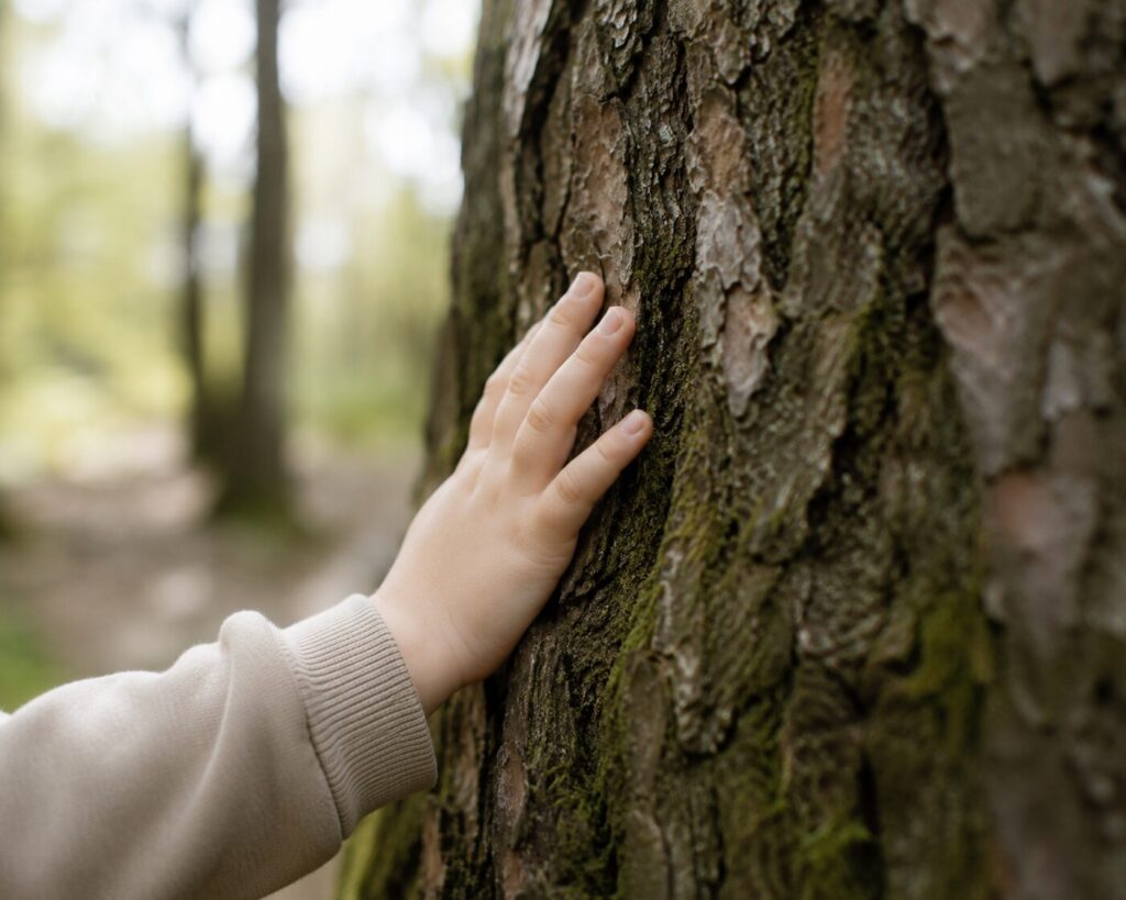 A child touching the bark of a tree
