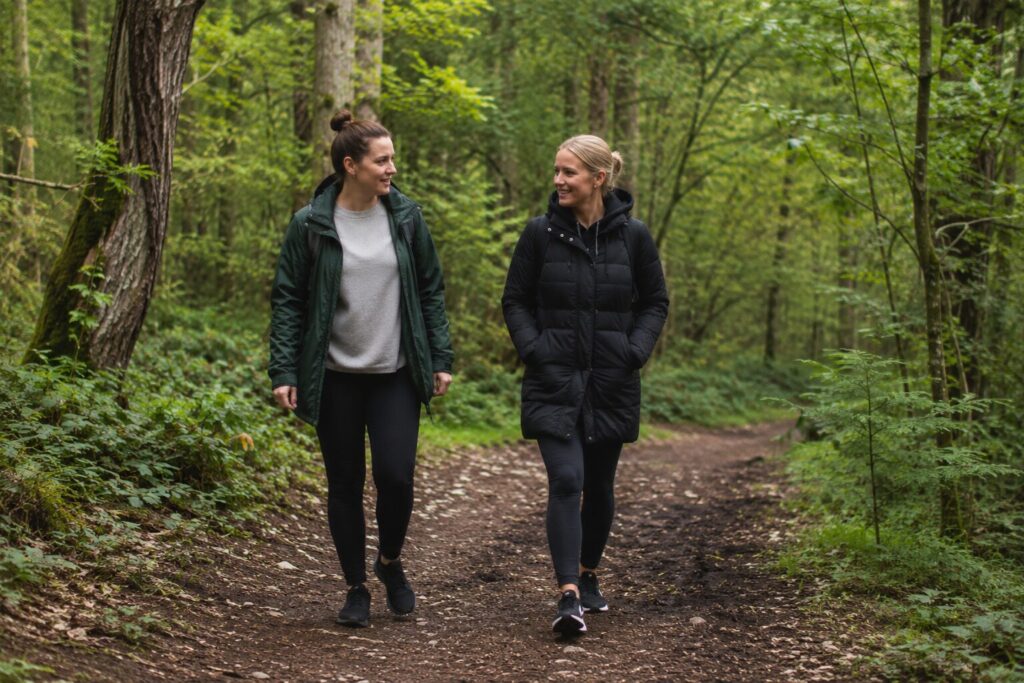Two women walking side by side along a quiet forest path, smiling and talking in the green surroundings