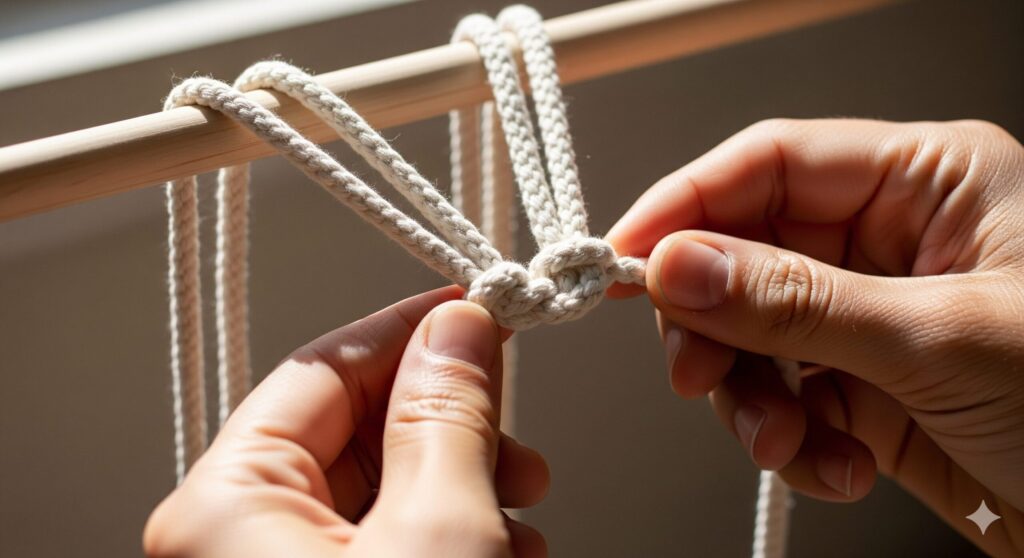 Close-up of hands tying the first knots of a macramé project with soft cotton rope on a wooden dowel. Natural daylight, simple background, focus on the tactile process.