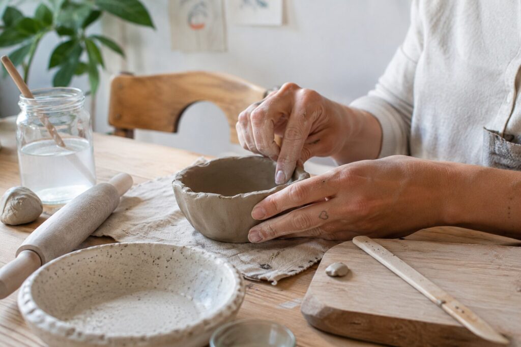 A close-up of hands shaping a clay bowl on a wooden table surrounded by pottery tools and a finished ceramic dish