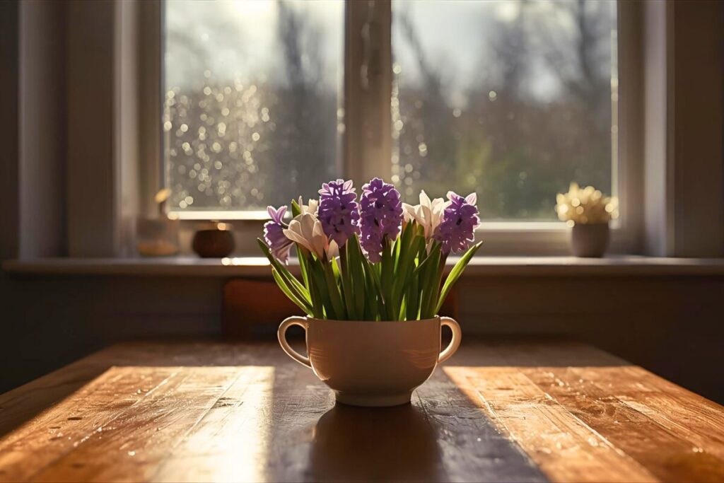 A warmly lit kitchen table on a rainy day. A simple ceramic bowl filled with fresh, blooming hyacinths and crocuses sits at the center — the flowers upright, vibrant, and full of life. Through the window behind, raindrops streak softly down the glass under a dark grey sky. Inside, the light is gentle but bright, illuminating the flowers and wooden table in a way that feels calm and hopeful. The scene captures contrast — the quiet storm outside and the peaceful renewal within.
🎨 Mood: serene, fresh, quietly optimistic — soft purples, greens, natural wood, and warm daylight.
✨ Avoid: petals scattered on the surface, wilted blooms, harsh lighting, or overly styled compositions. The moment should feel authentic, fresh, and gently full of promise — like early spring inside the home.