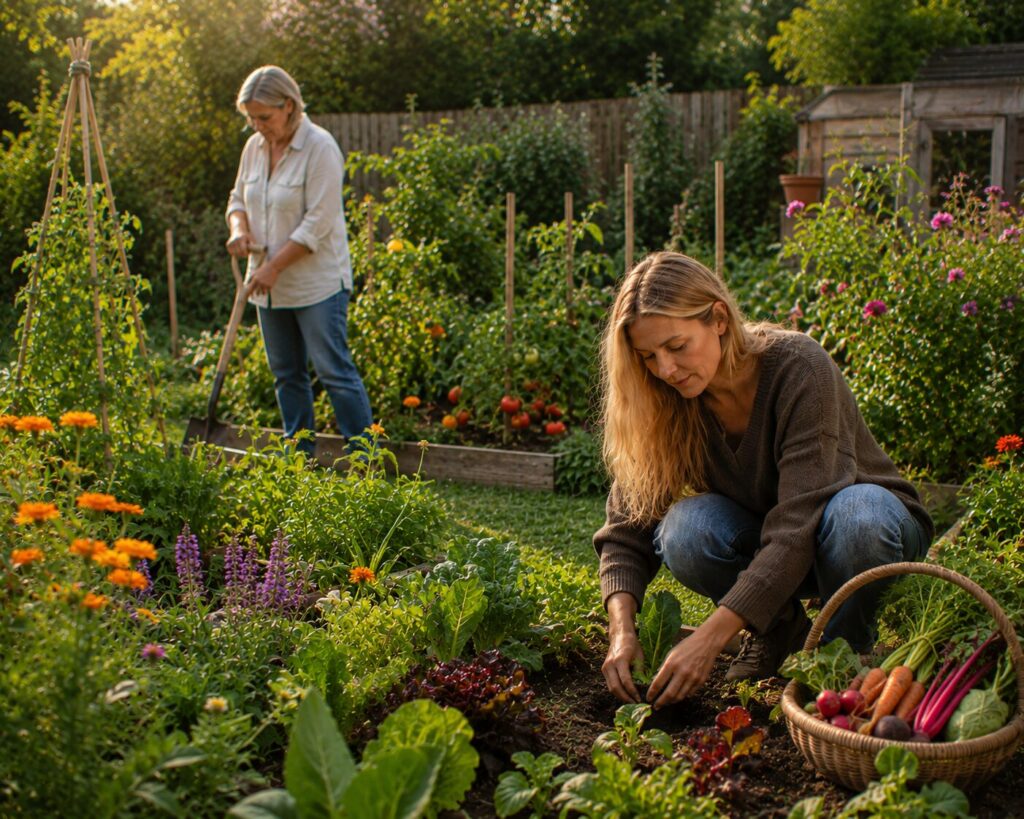 Two women working side by side in the garden