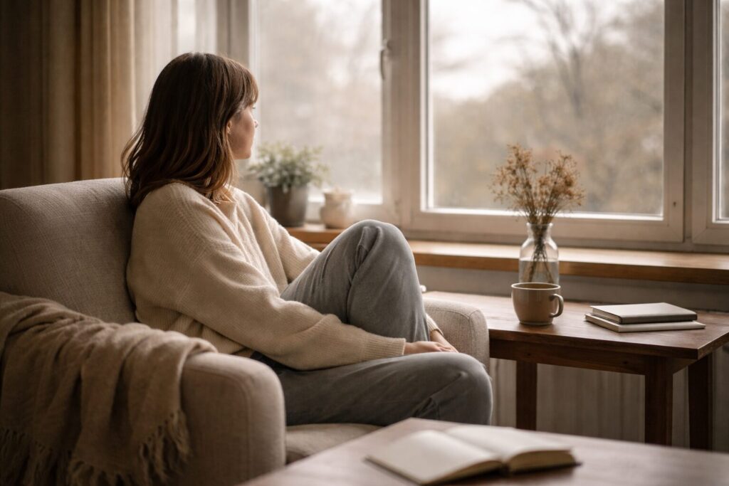 A woman with a burn out looking out of the window feeling shame